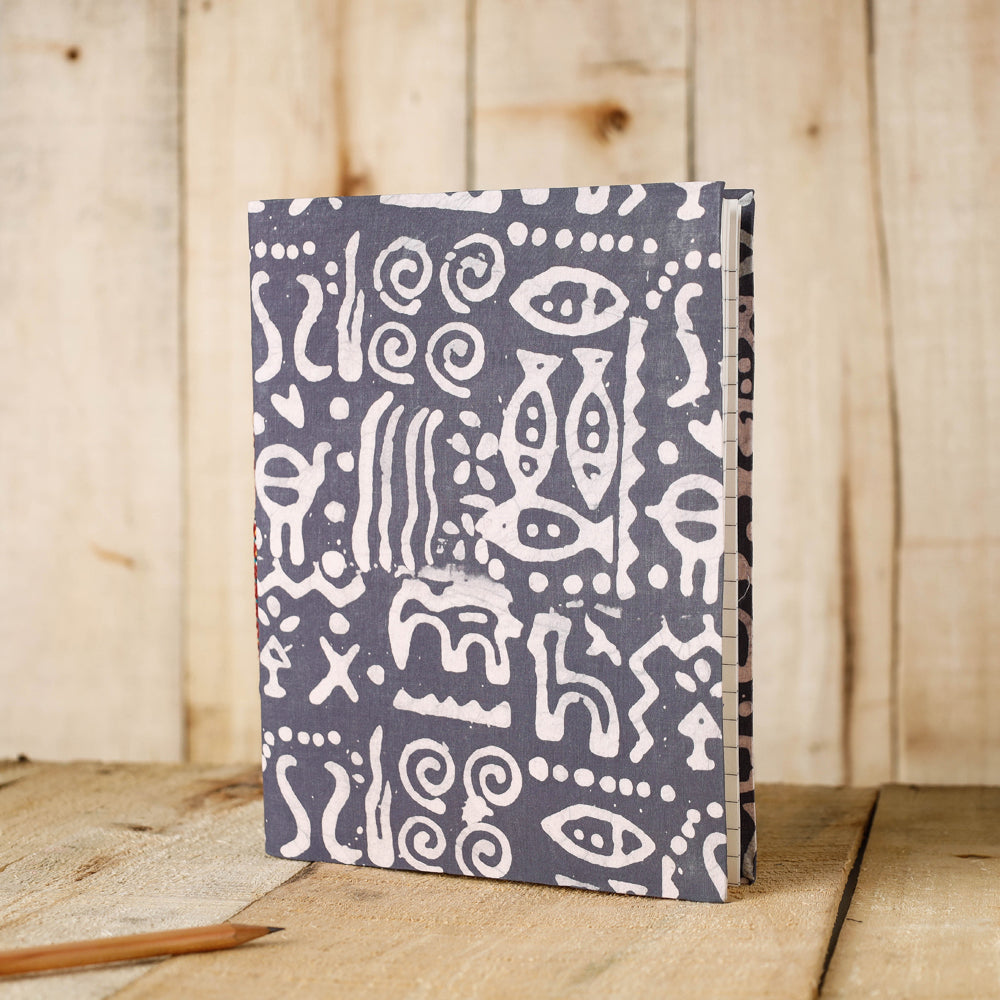 Grey Batik Fabric Cover Handmade Paper Notebook