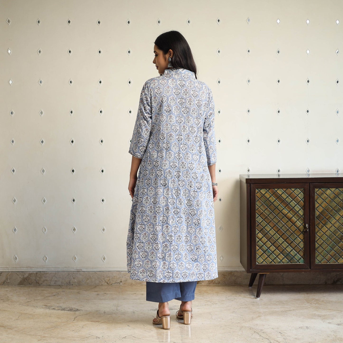 Buy Grey Beadwork Flared Cotton Block Print Sanganeri Kurta
