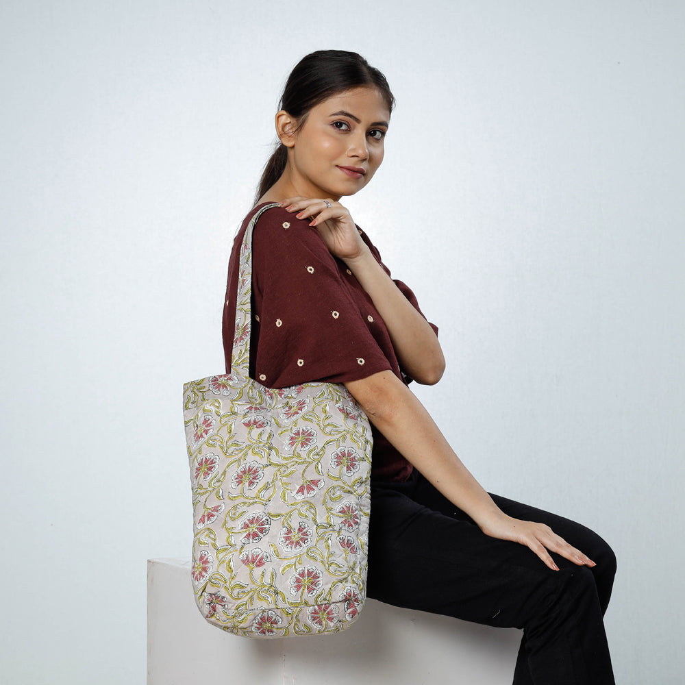 Grey - Handcrafted Quilted Sanganeri Block Printed Shoulder Bag