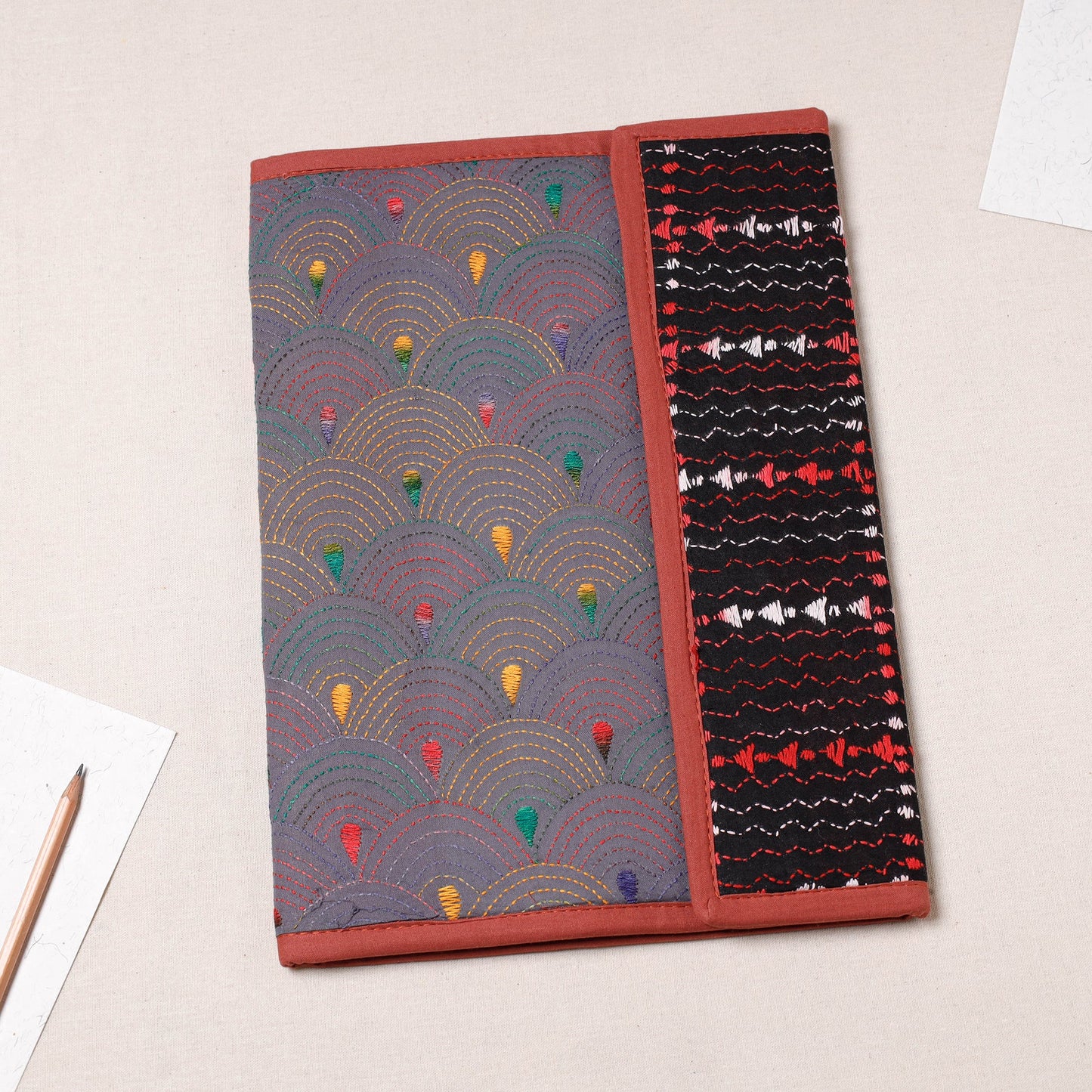 Grey Bengal Kantha Work Handcrafted File Folder