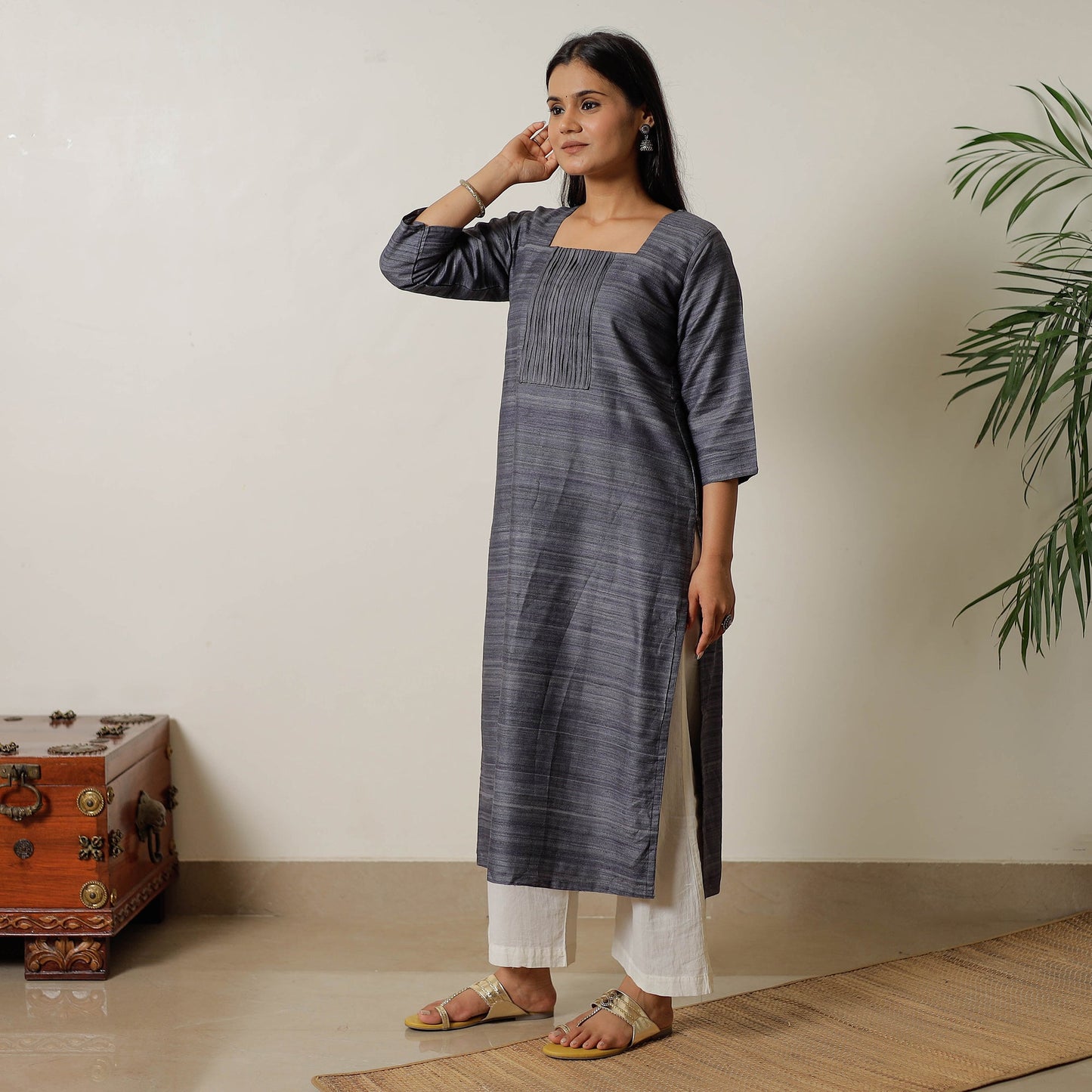 Grey - bhagalpuri handwoven desi tussar silk pintuck