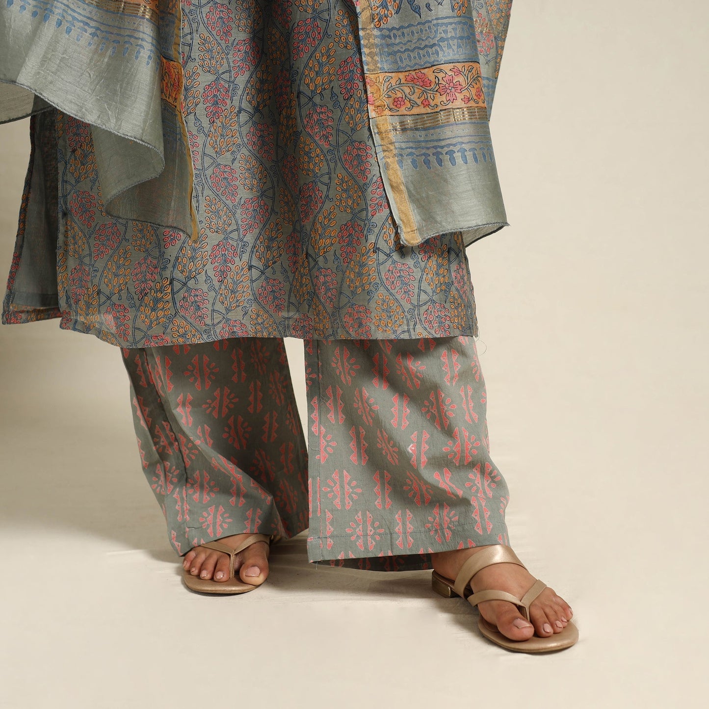 Grey Block Print Chanderi Silk Sanganeri Kurta Set