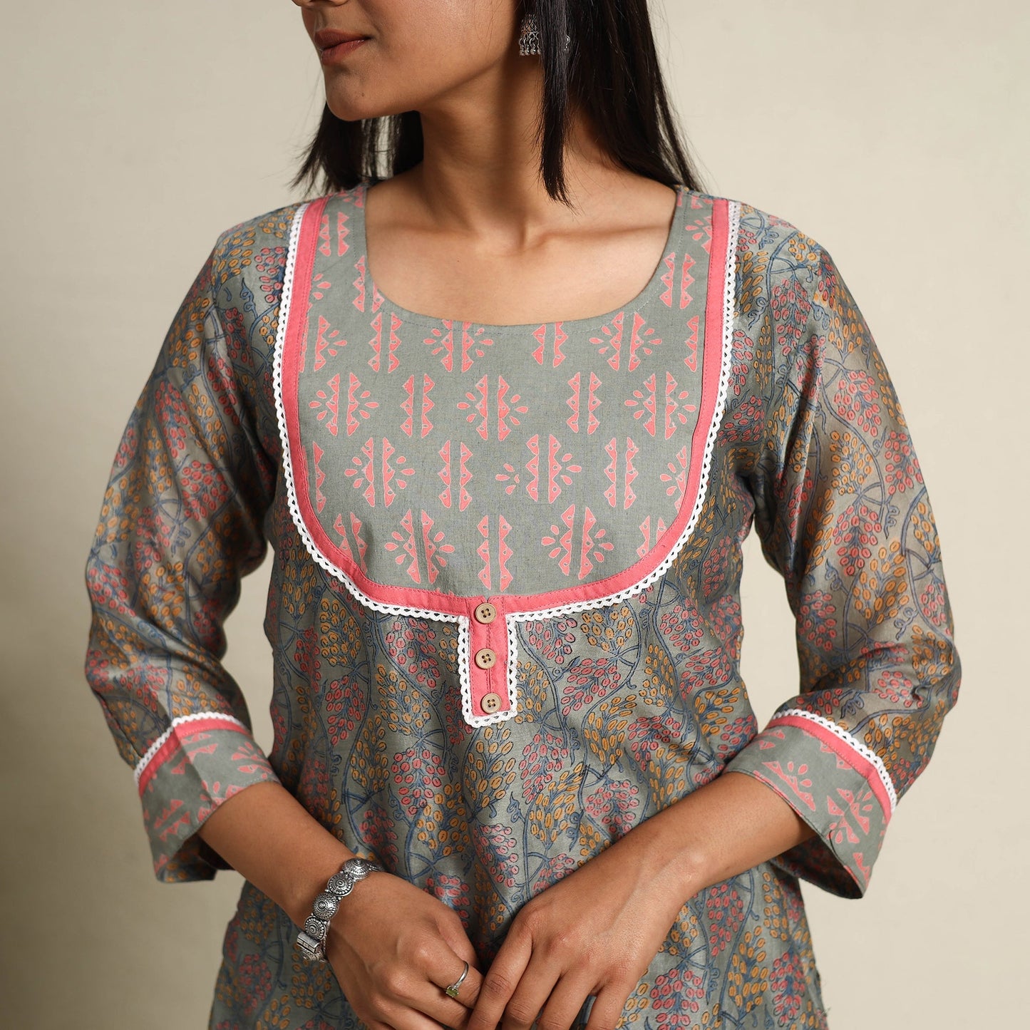 Grey Block Print Chanderi Silk Sanganeri Kurta Set