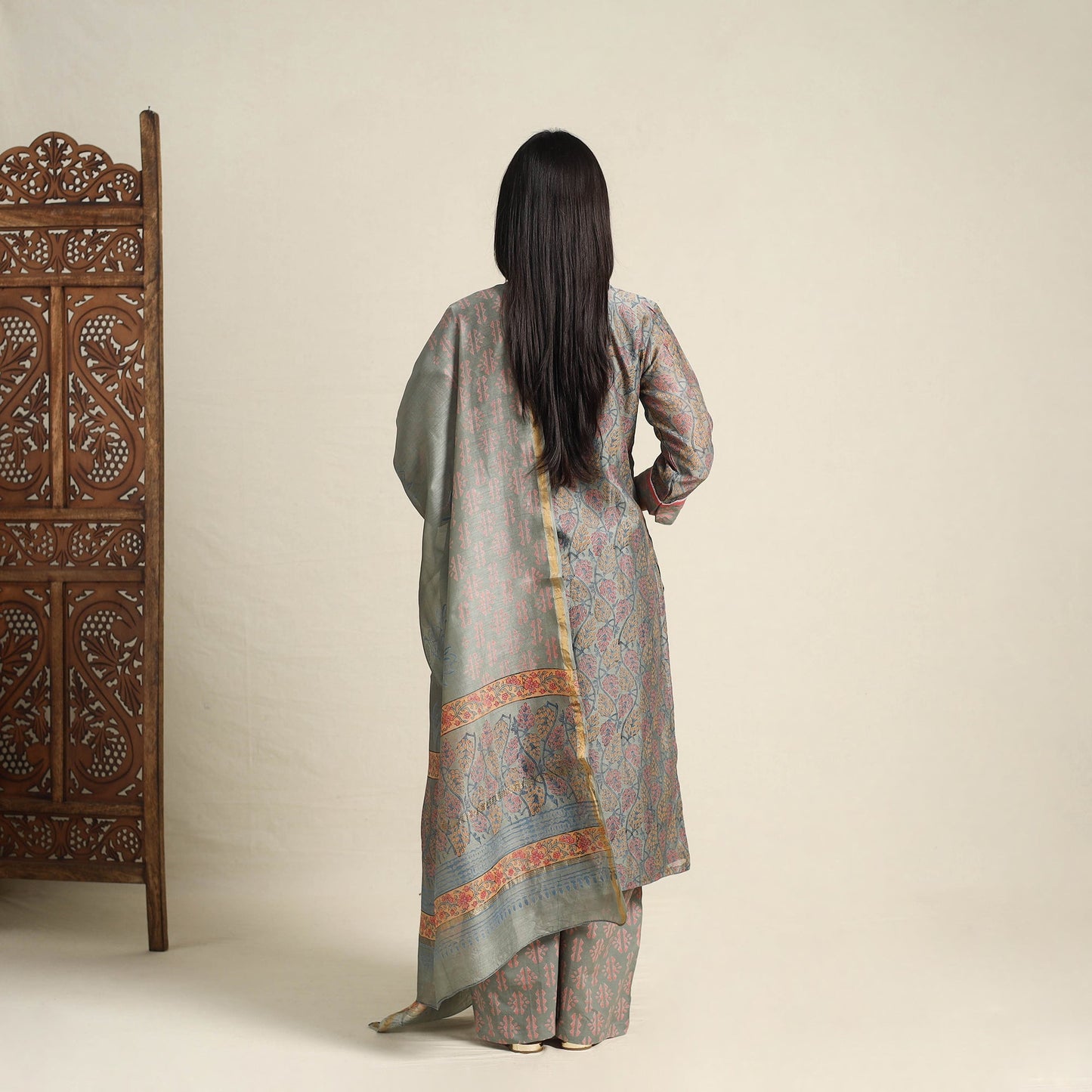 Grey Block Print Chanderi Silk Sanganeri Kurta Set