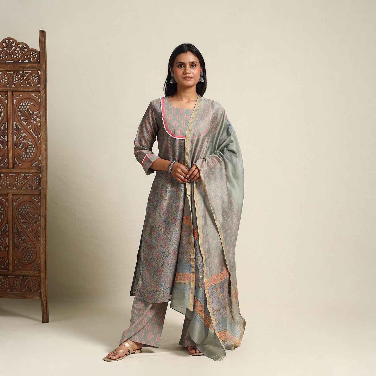 Grey Block Print Chanderi Silk Sanganeri Kurta Set