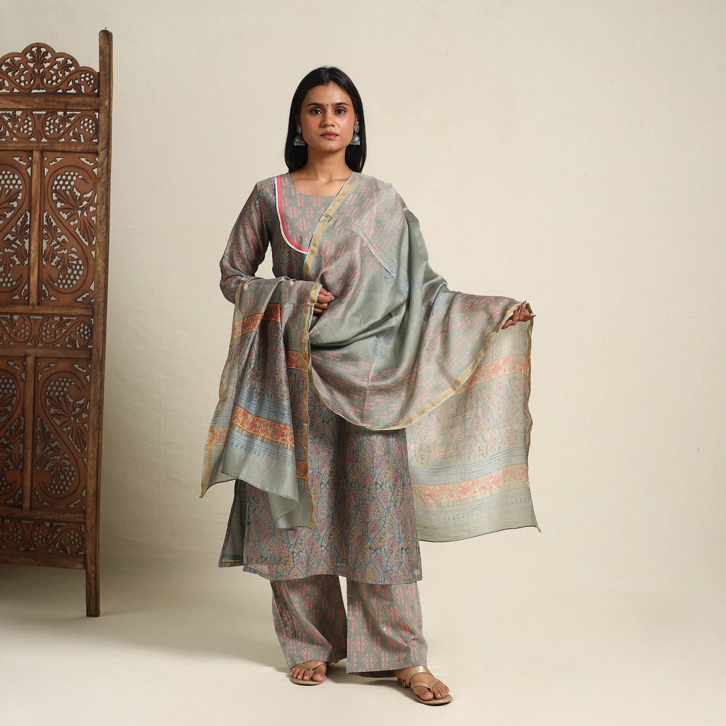 Grey Block Print Chanderi Silk Sanganeri Kurta Set