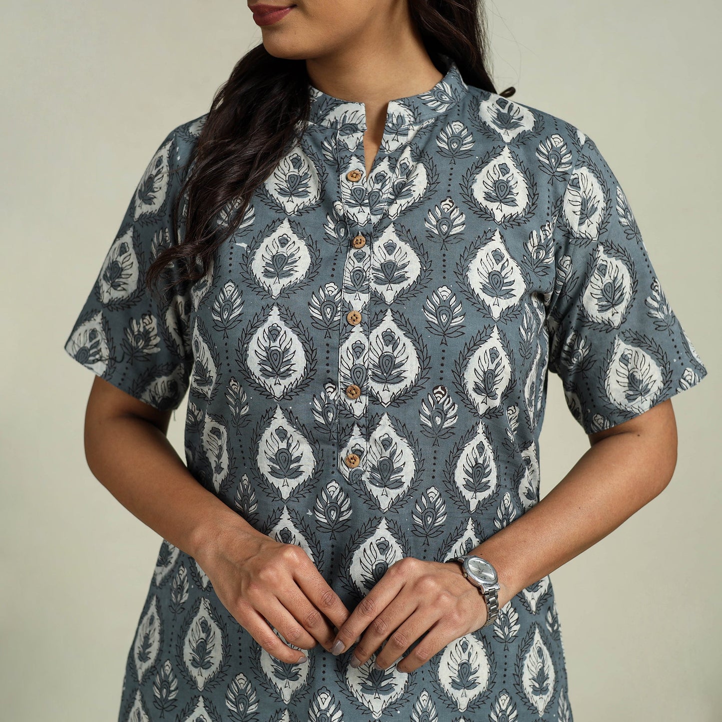 Grey Block Print Cotton Bagru Night Suit Set