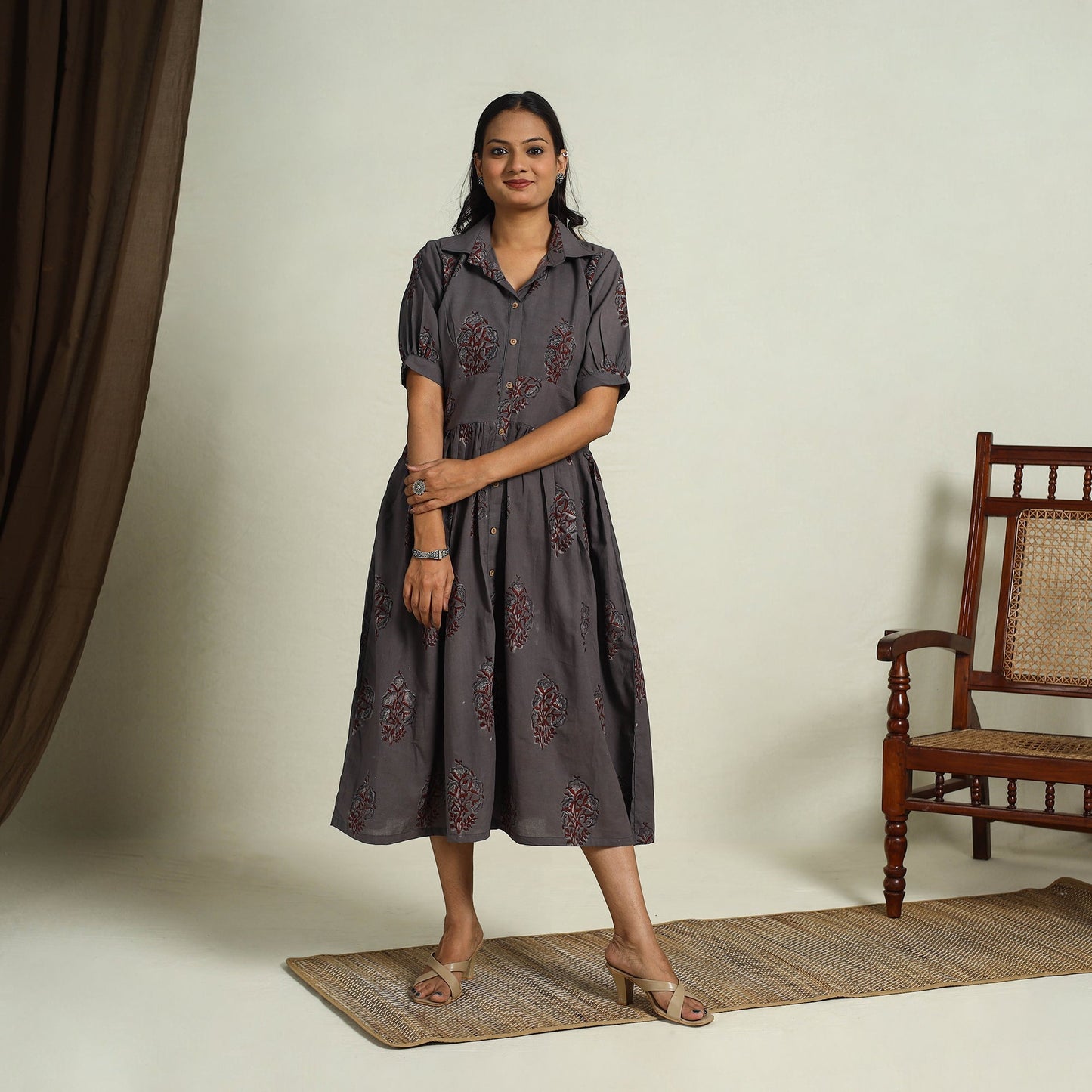 Grey Block Print Cotton Button Down Bagru Dress