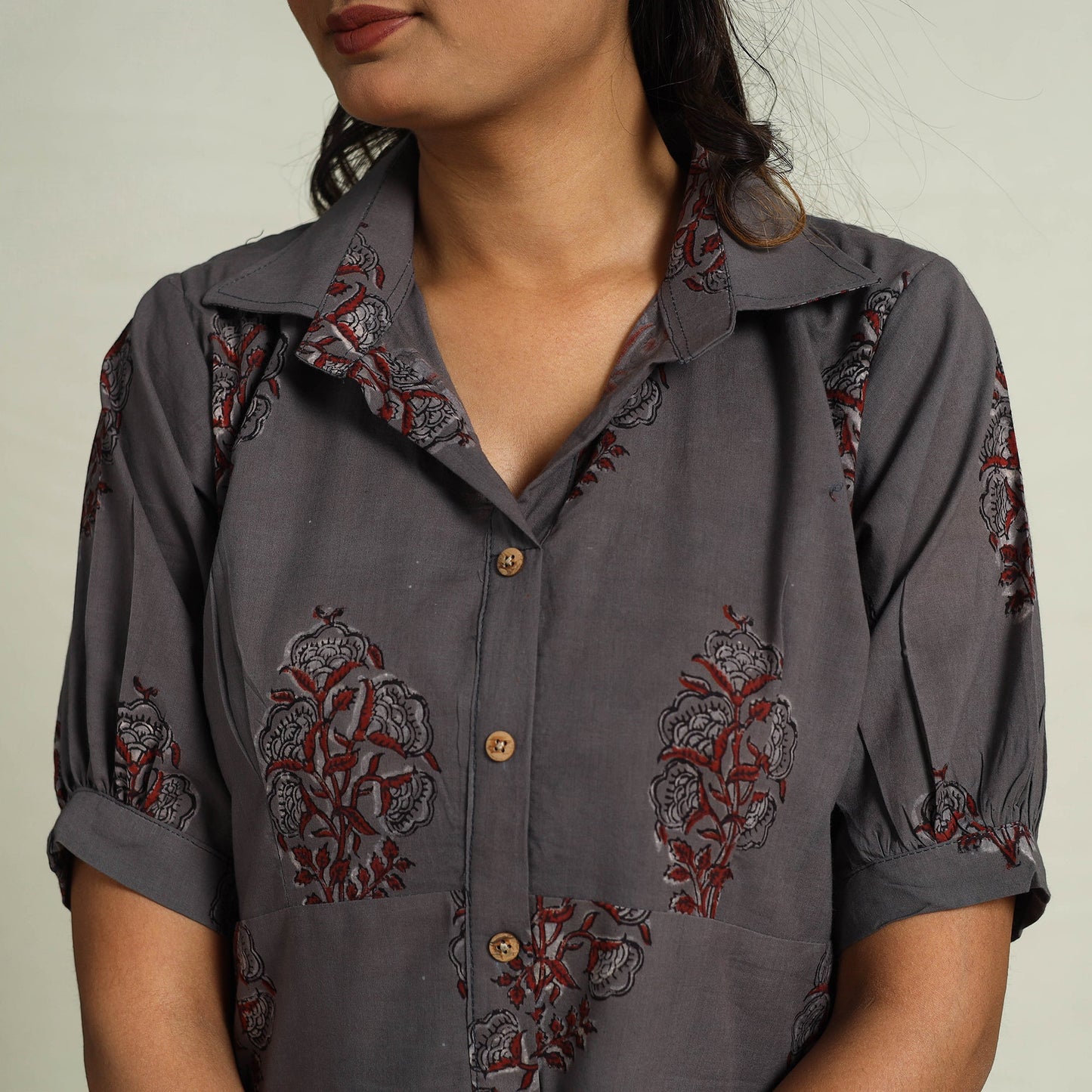Grey Block Print Cotton Button Down Bagru Dress