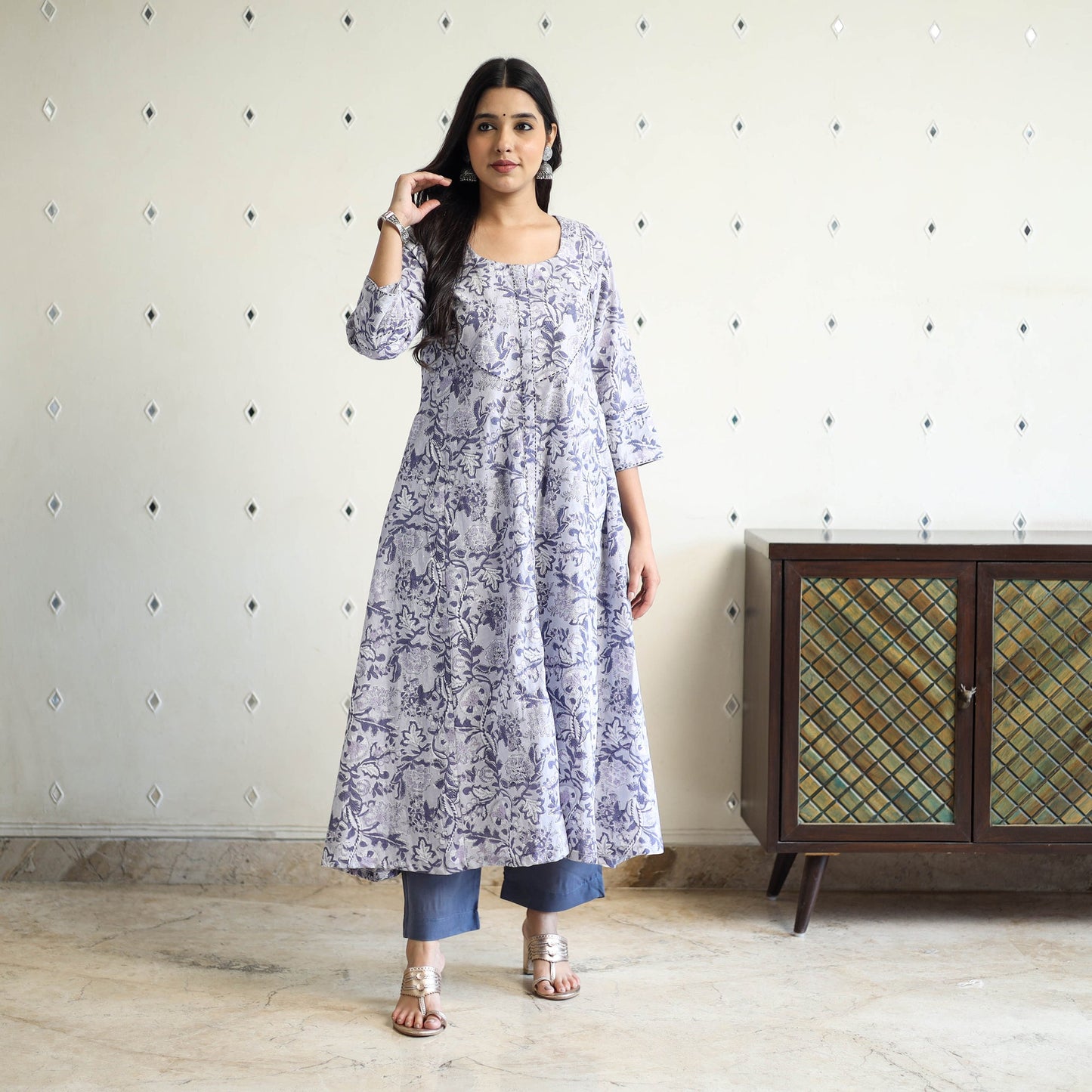Grey - cotton a-line sanganeri kurta 06 - handcrafted