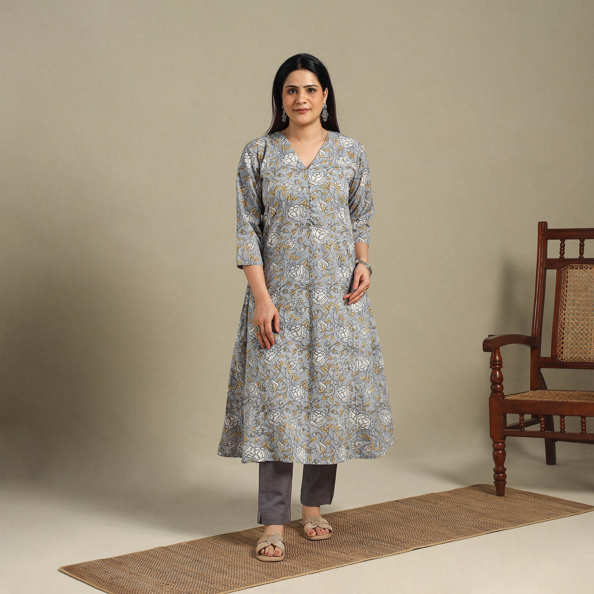 Grey - Block Print Cotton A-Line Sanganeri Long Kurta 10