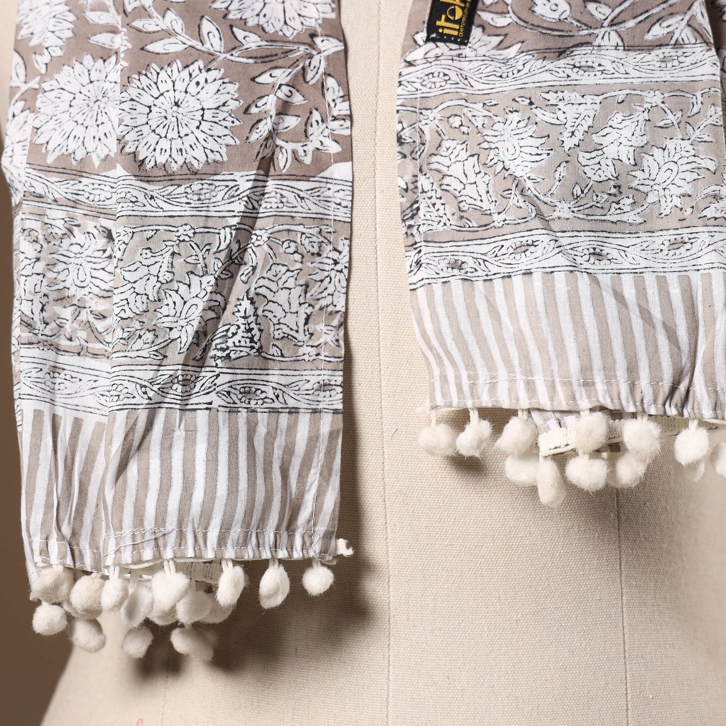 Grey - cotton sanganeri stole with pom 27 - handcrafted