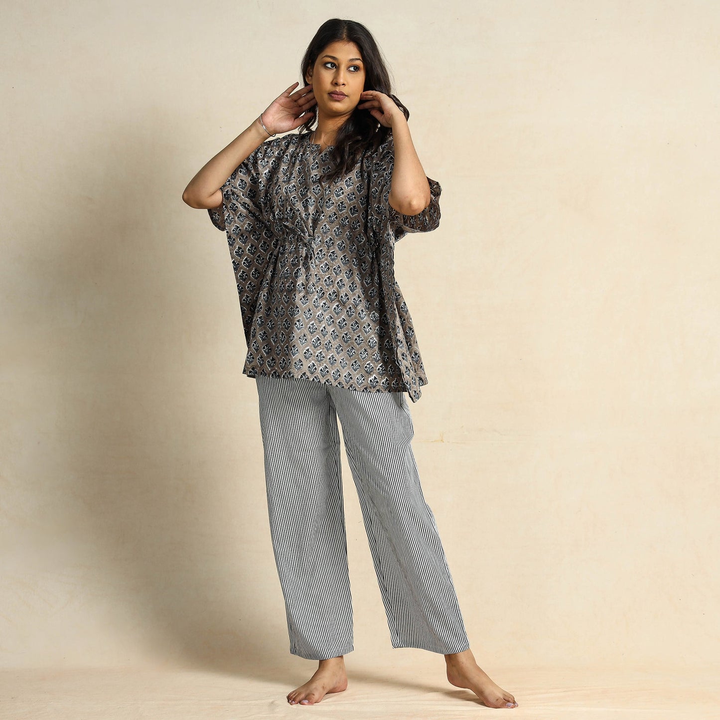 Grey Block Printed Cotton Kaftan Pyjama Night Suit Set