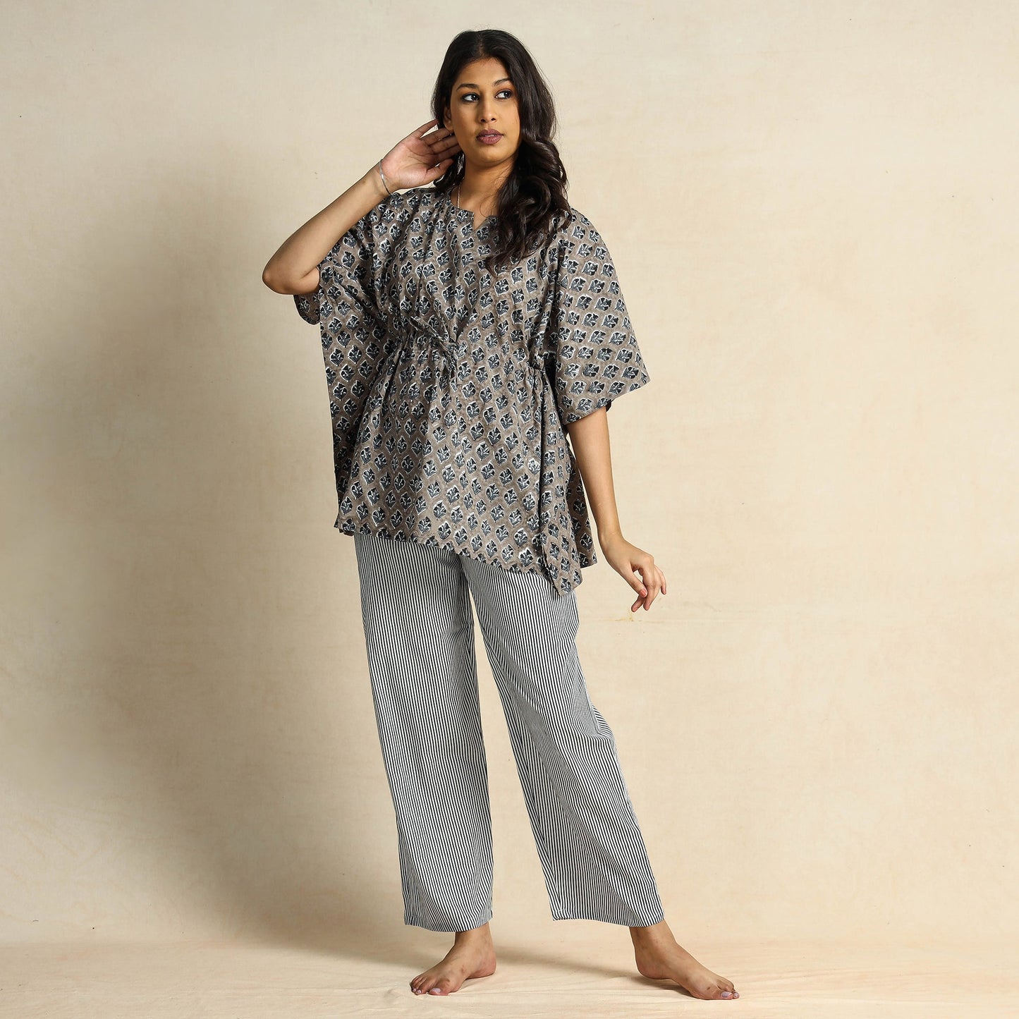 Grey Block Printed Cotton Kaftan Pyjama Night Suit Set