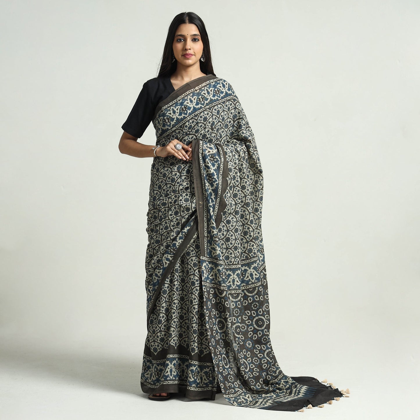 Grey Block Printed Mul Cotton Ajrakh Saree