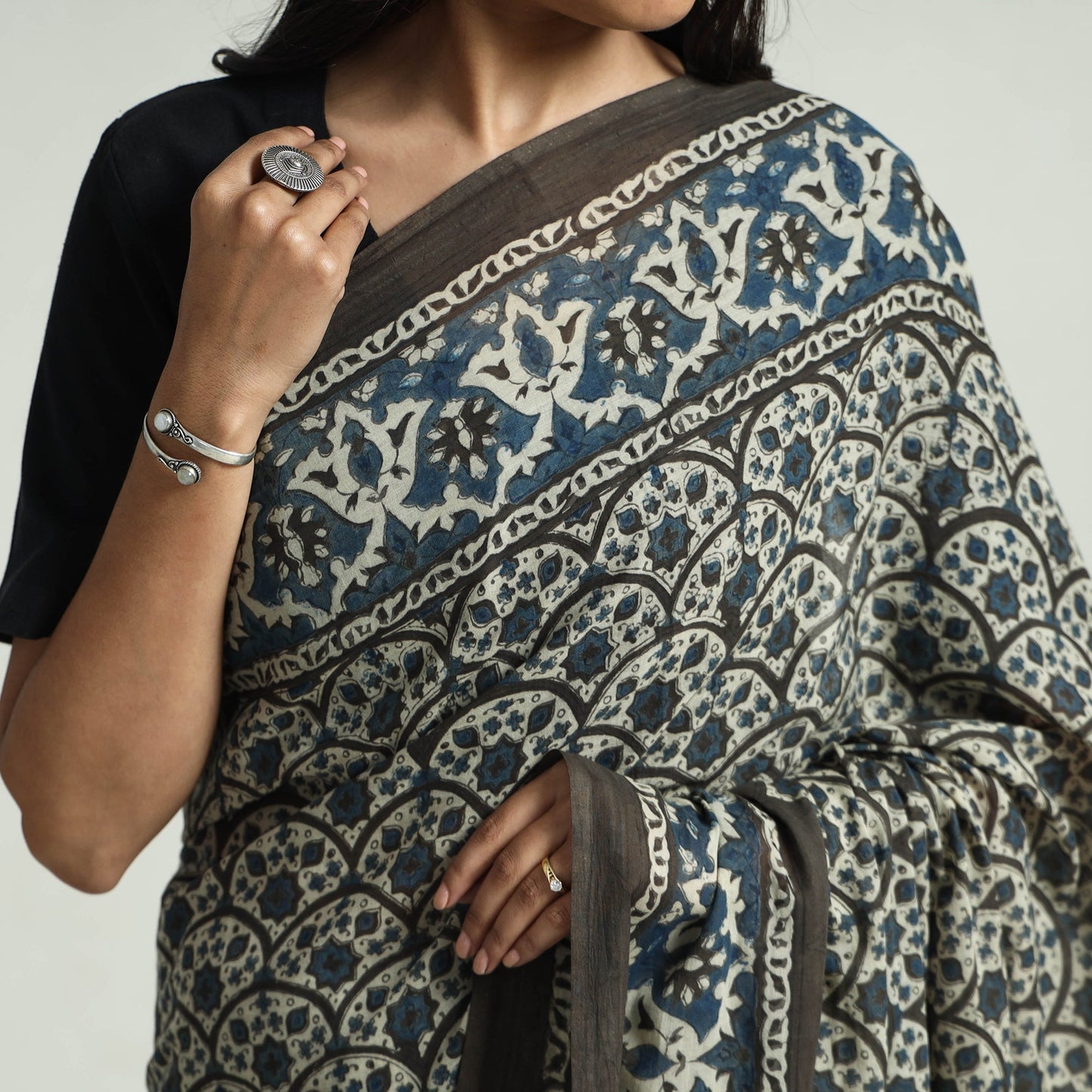 Grey Block Printed Mul Cotton Ajrakh Saree