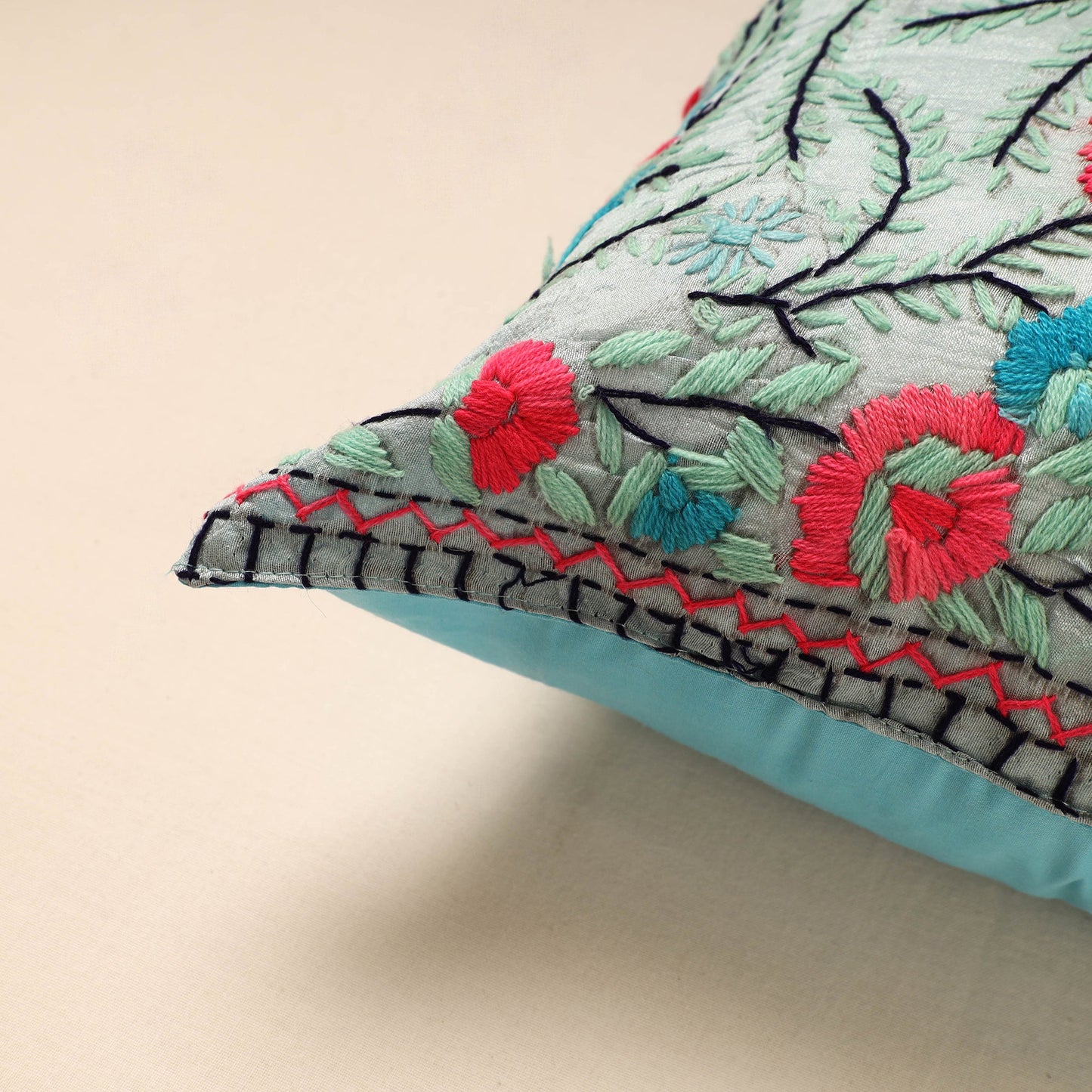 Grey Chanderi Silk Phulkari Hand Embroidered Cushion Cover