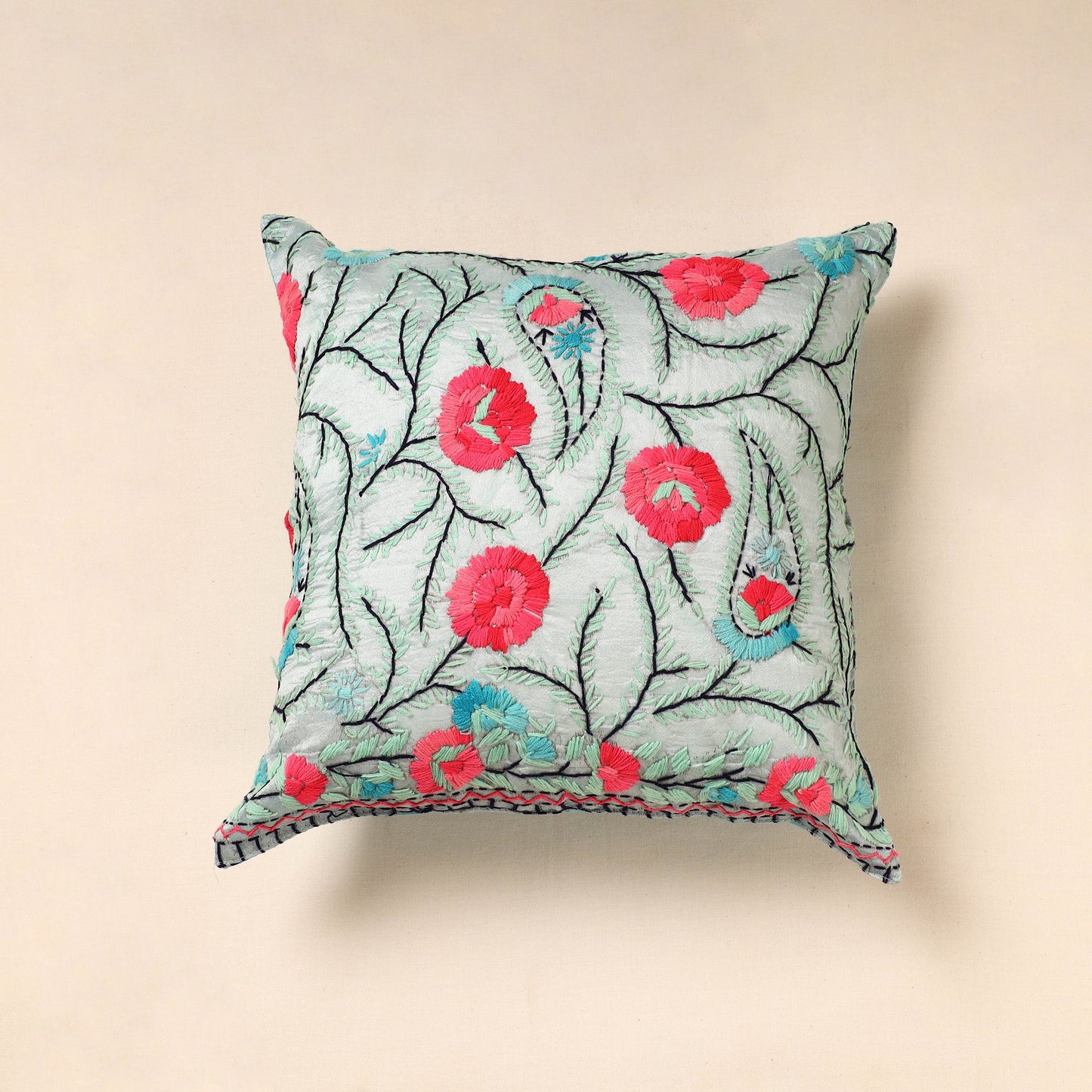 Grey Chanderi Silk Phulkari Hand Embroidered Cushion Cover