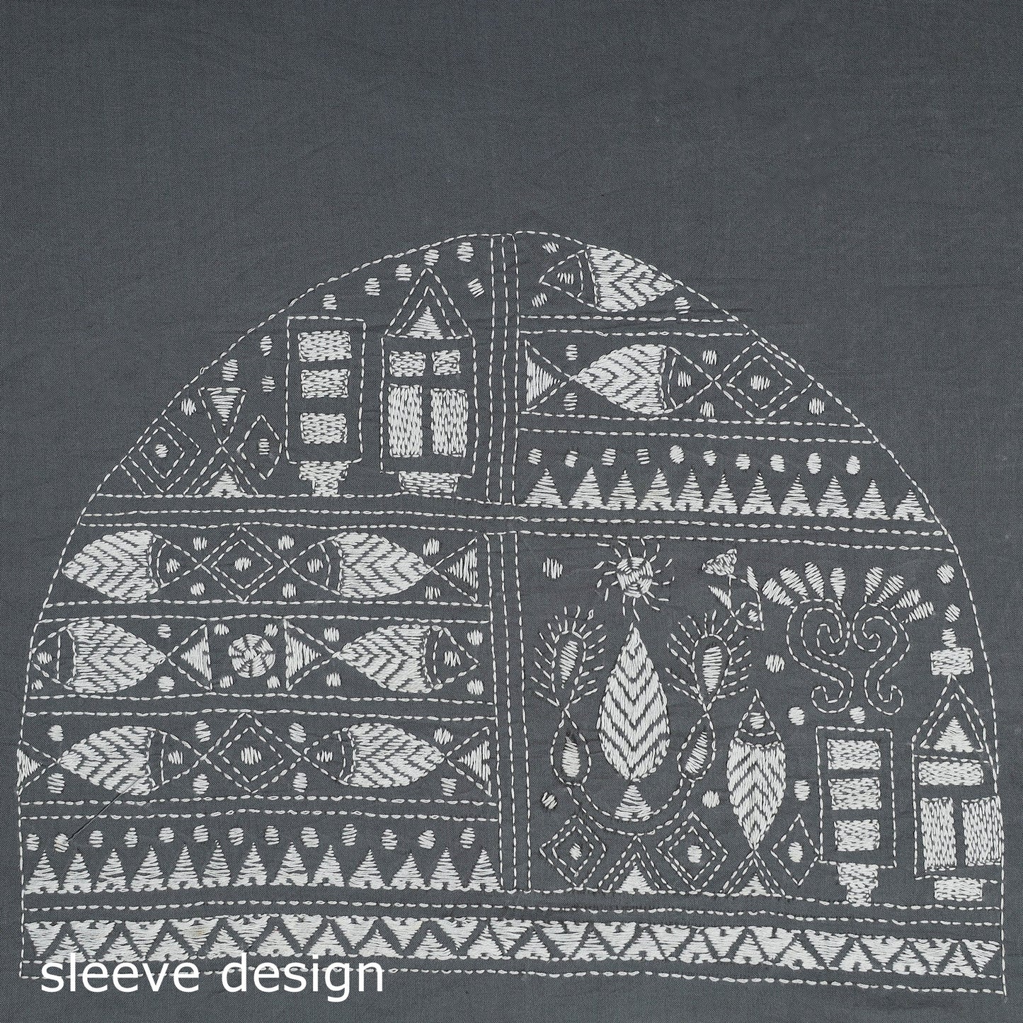 Grey Cotton Bengal Kantha Stitch Blouse Piece