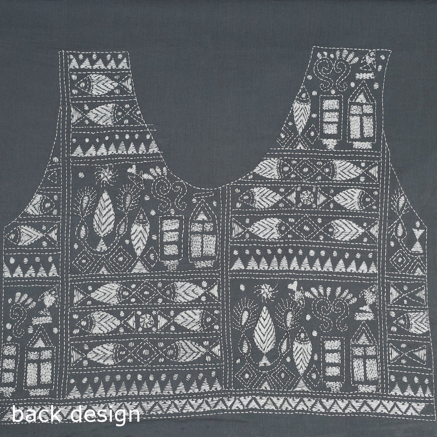 Grey Cotton Bengal Kantha Stitch Blouse Piece