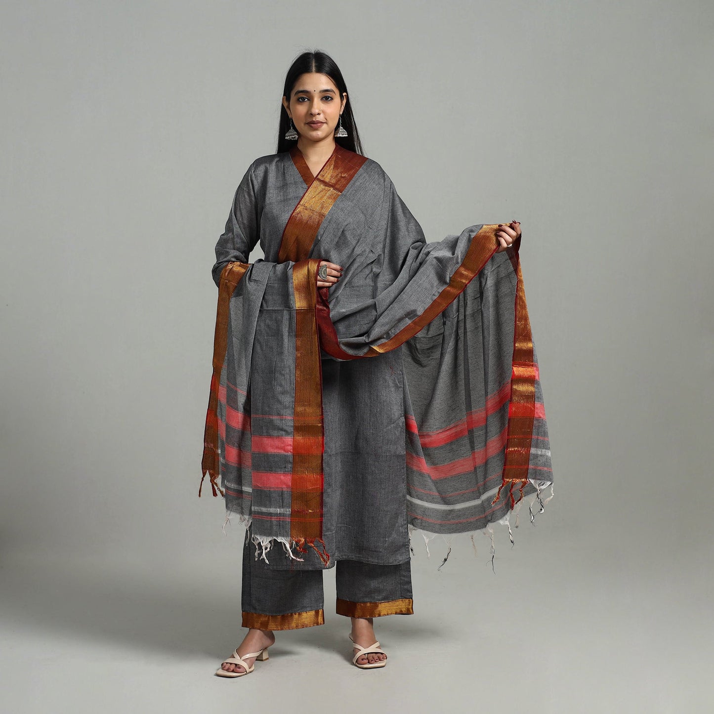 Grey Cotton Dharwad Kurta Set with Palazzo & Dupatta