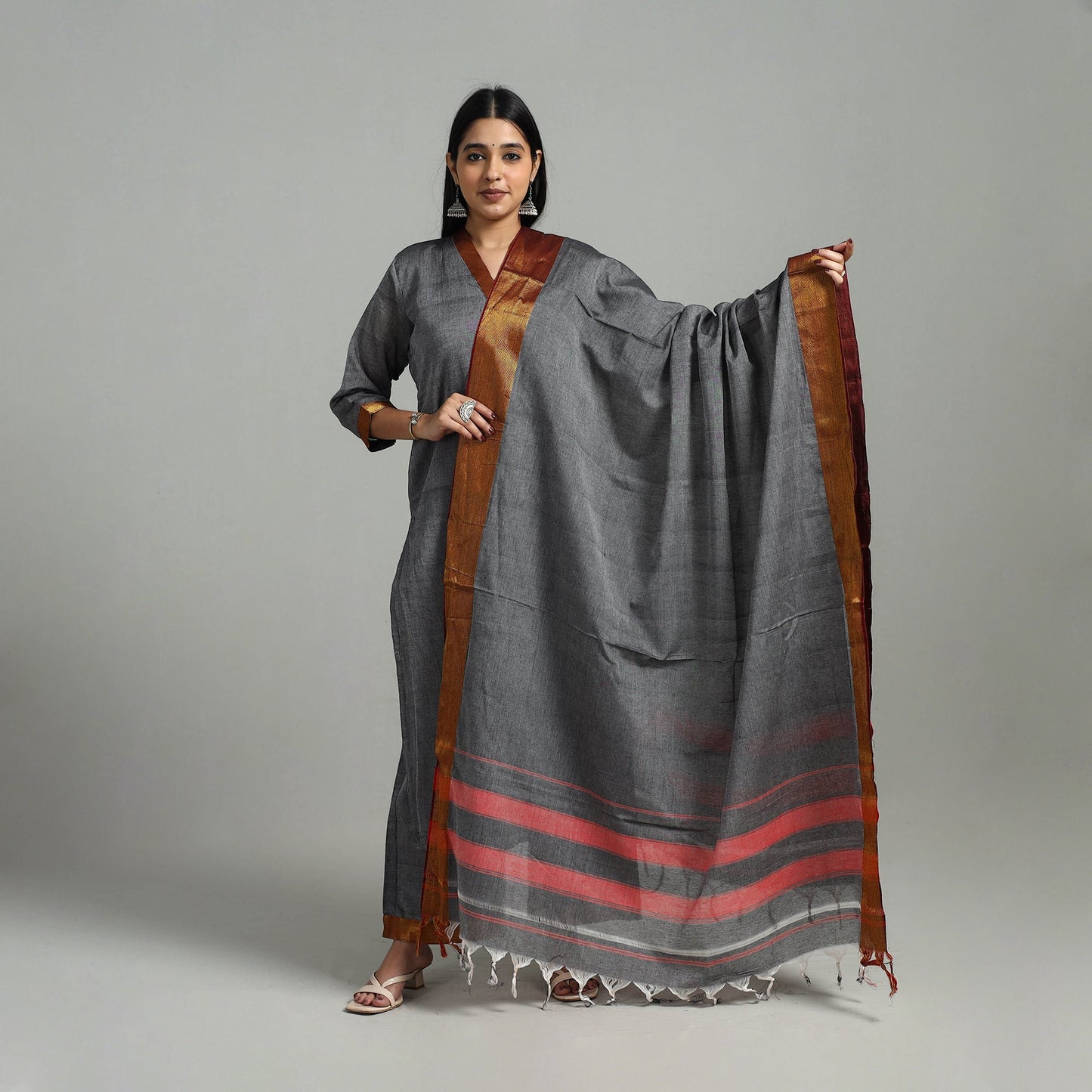 Grey Cotton Dharwad Kurta Set with Palazzo & Dupatta