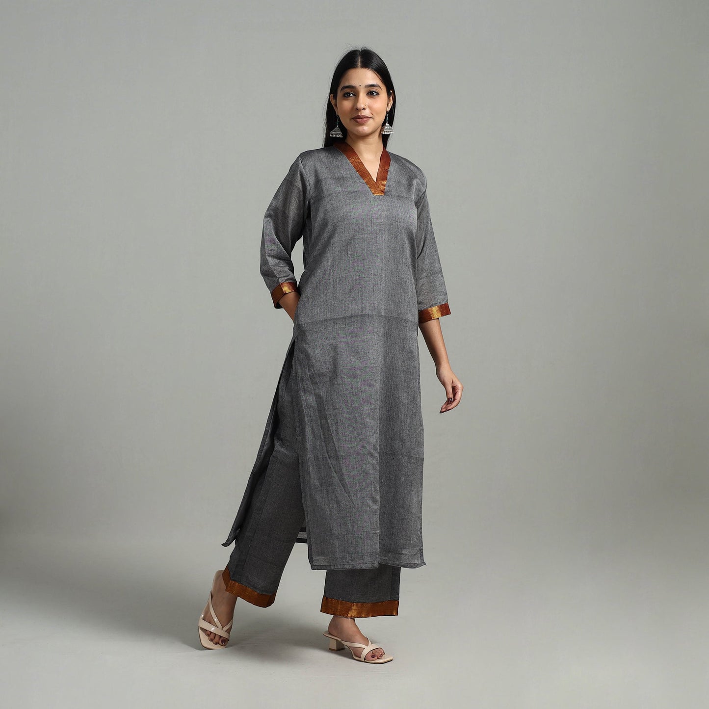 Grey Cotton Dharwad Kurta Set with Palazzo & Dupatta