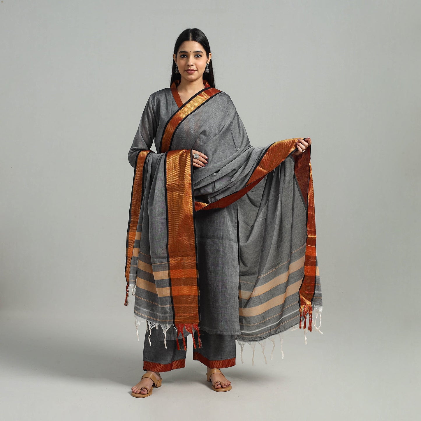 Cotton Grey Dharwad Kurta Set with Palazzo & Dupatta