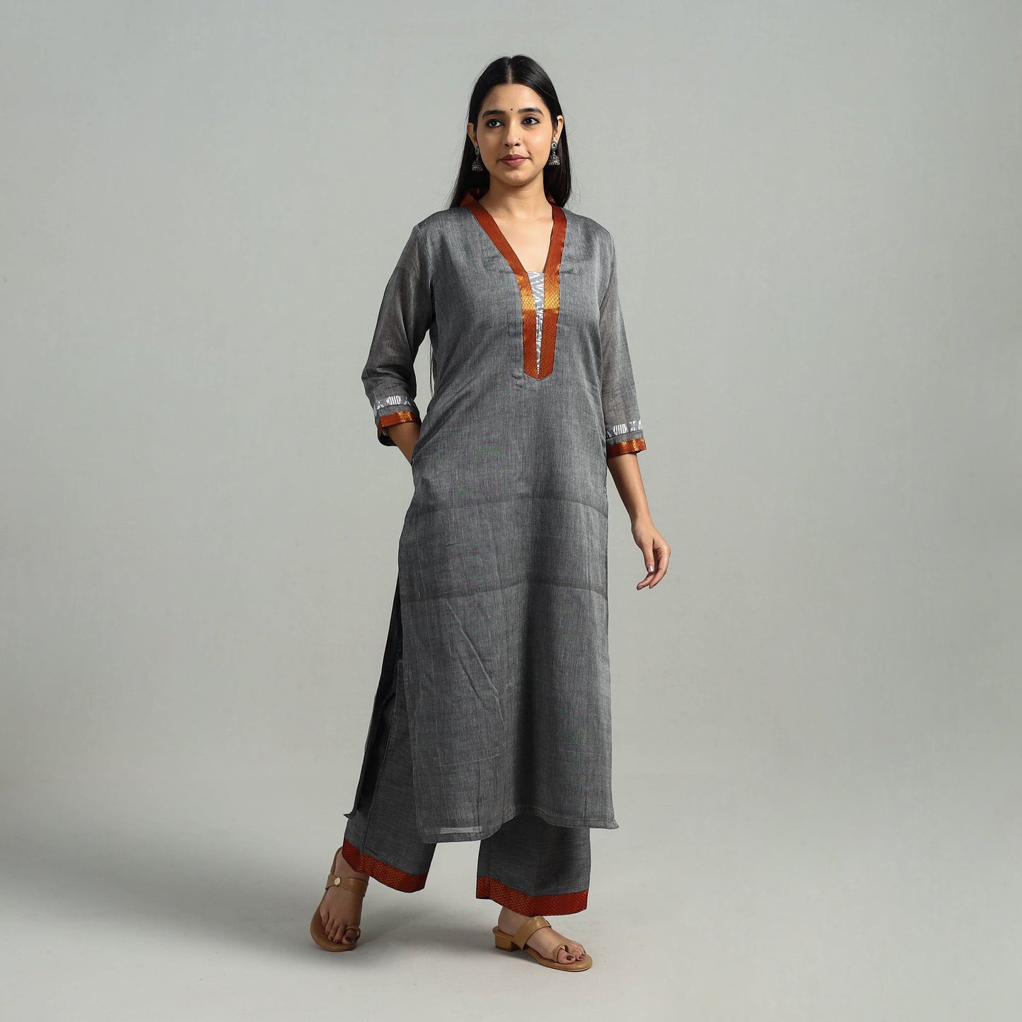 Cotton Grey Dharwad Kurta Set with Palazzo & Dupatta