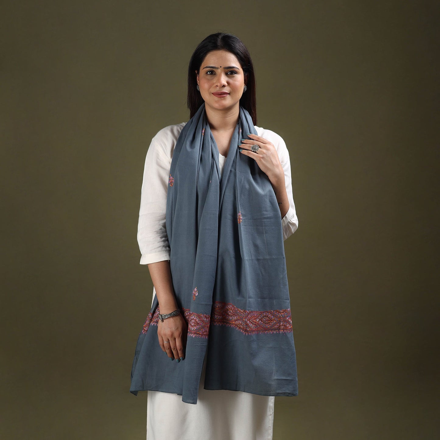 Grey - cotton kashida embroidery stole 08 - handcrafted