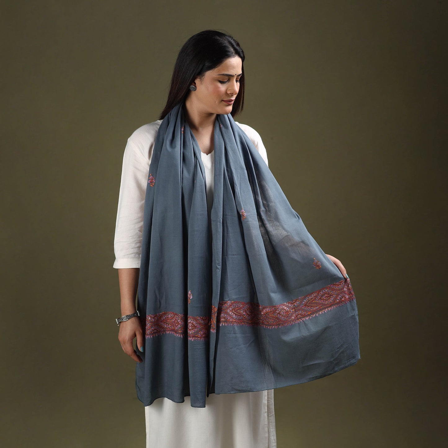 Grey - cotton kashida embroidery stole 08 - handcrafted