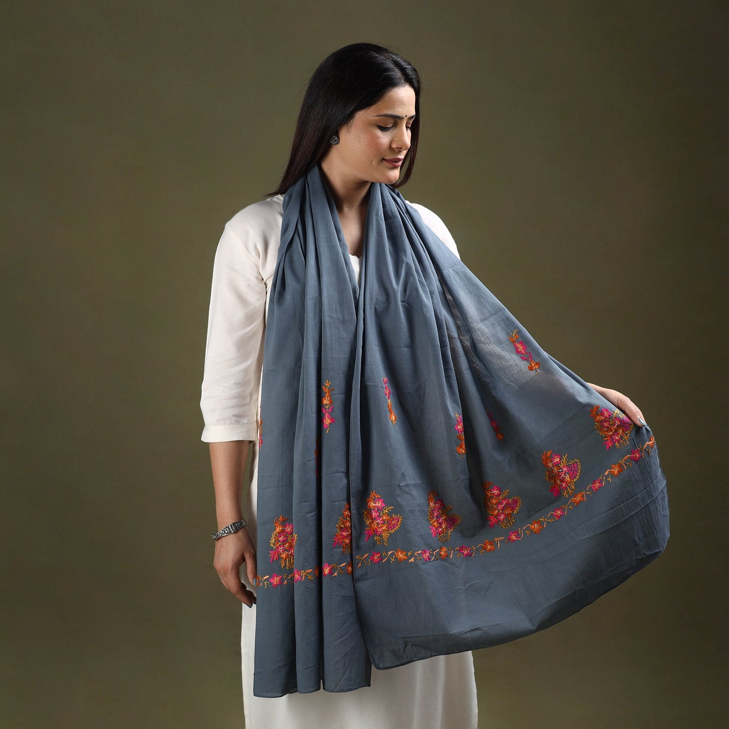 Buy Grey Cotton Kashida Embroidery Stole