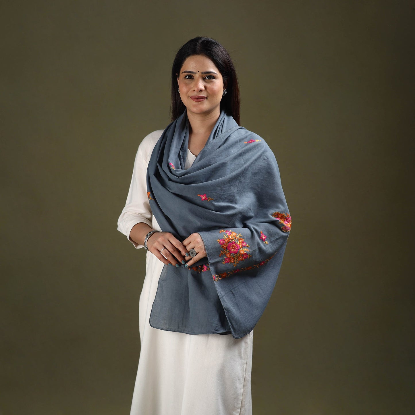 Buy Grey Cotton Kashida Embroidery Stole