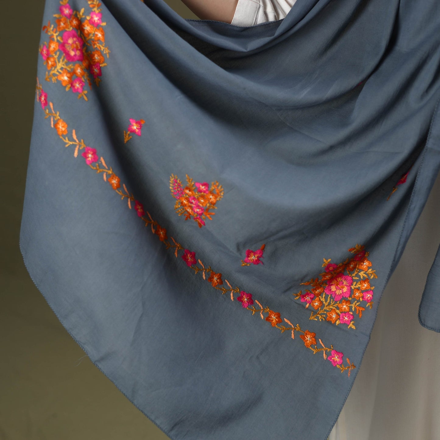 Buy Grey Cotton Kashida Embroidery Stole