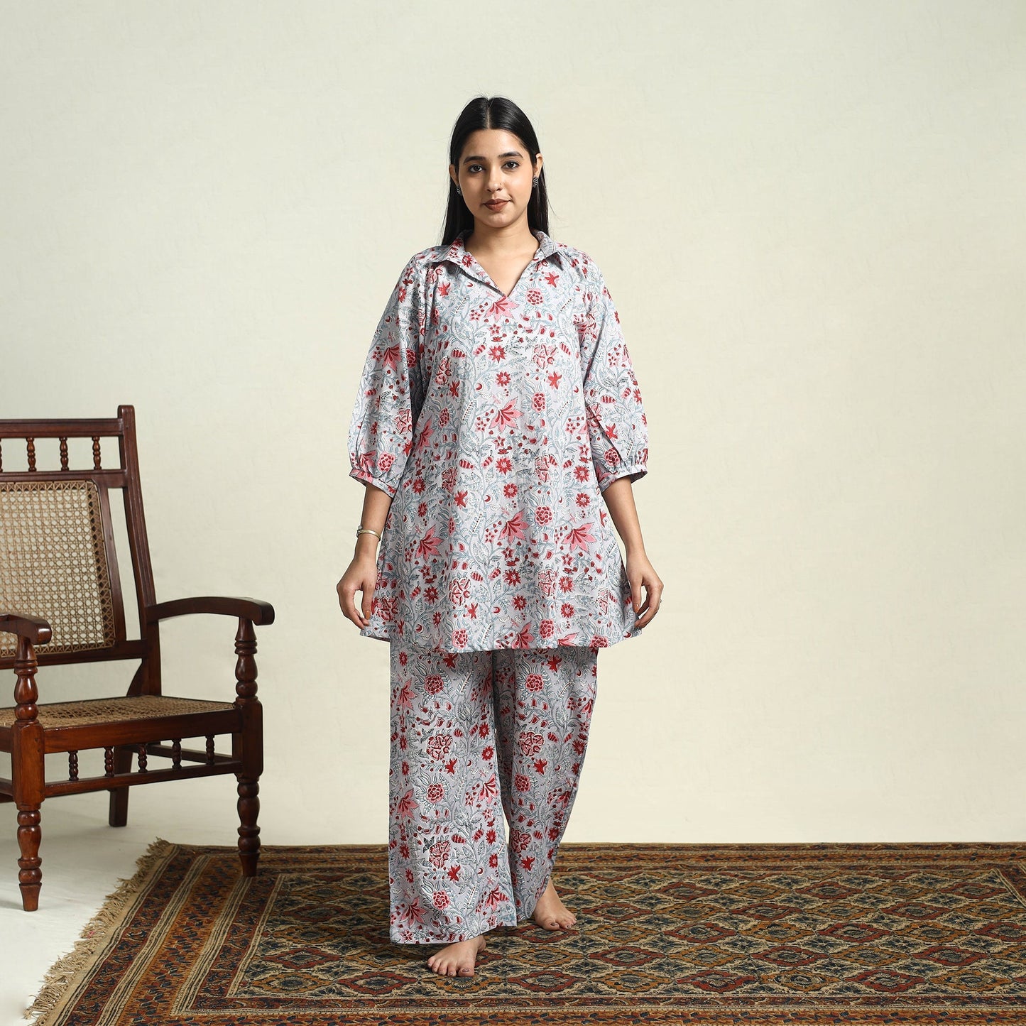 Buy Cotton Grey Sanganeri Block Print Night Suit Set Online