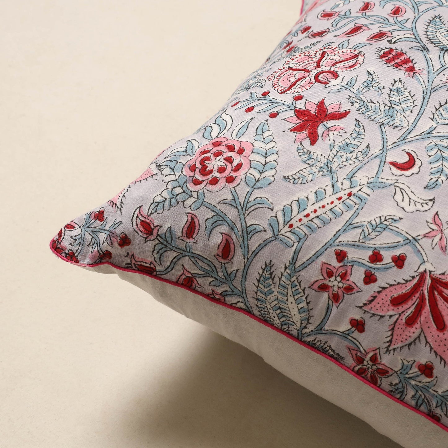 Grey - cotton sanganeri cushion cover 40 - handcrafted