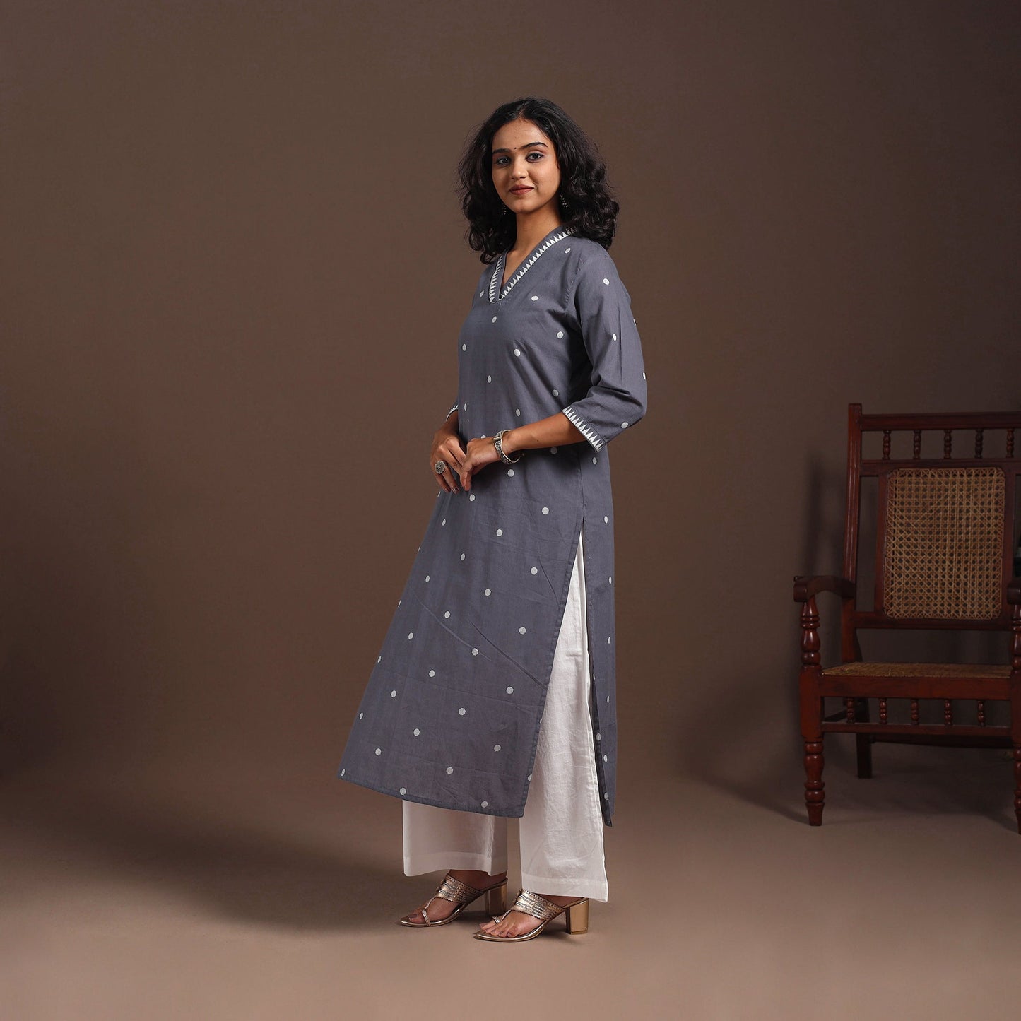 Grey - cotton straight jacquard kurta 13 - handcrafted