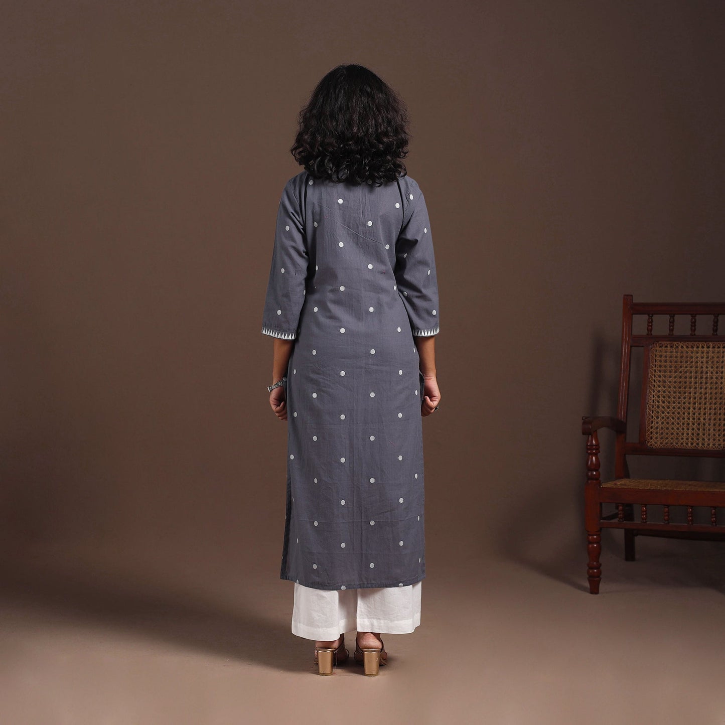 Grey - cotton straight jacquard kurta 13 - handcrafted