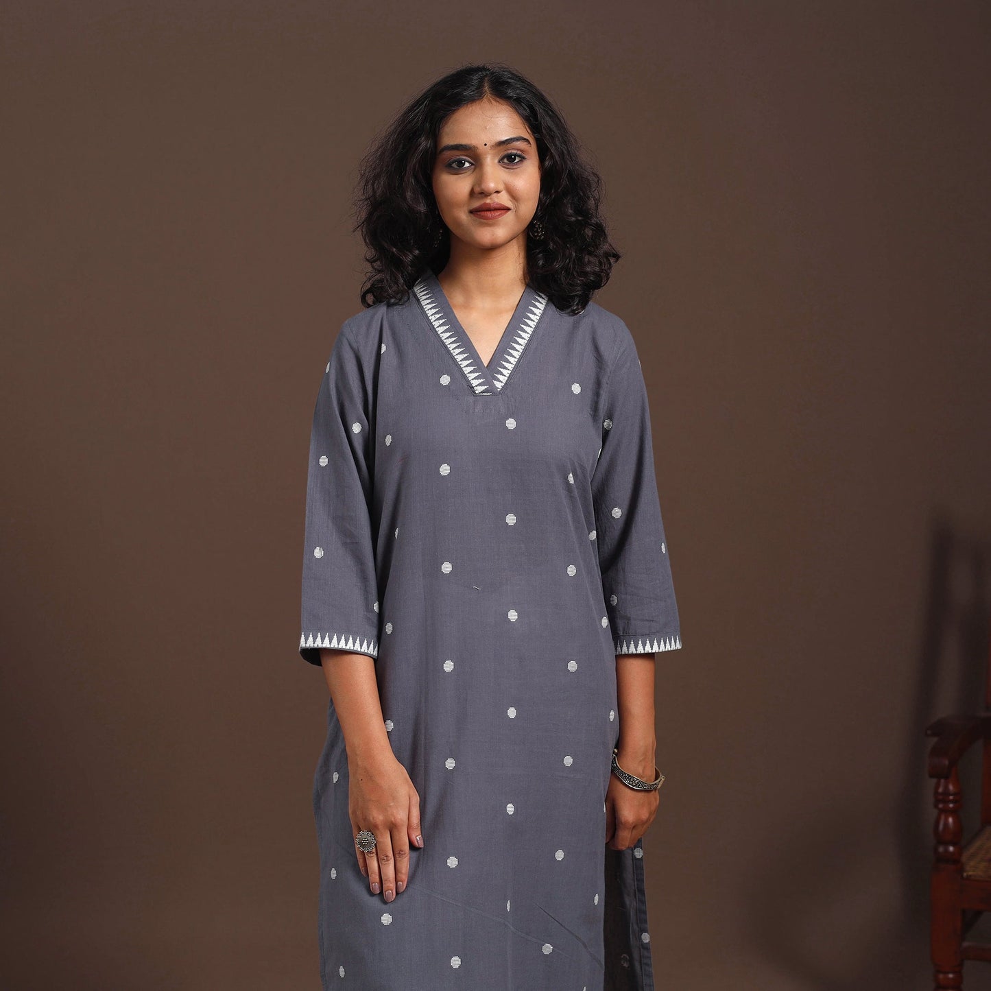 Grey - cotton straight jacquard kurta 13 - handcrafted