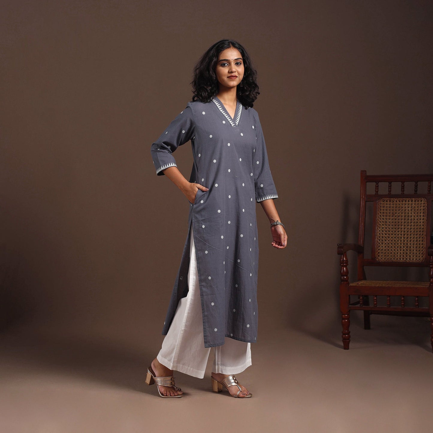 Grey - cotton straight jacquard kurta 13 - handcrafted