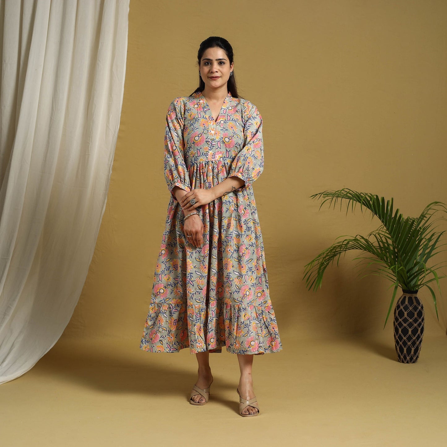 Grey Block Print Cotton Tiered Sanganeri Dress