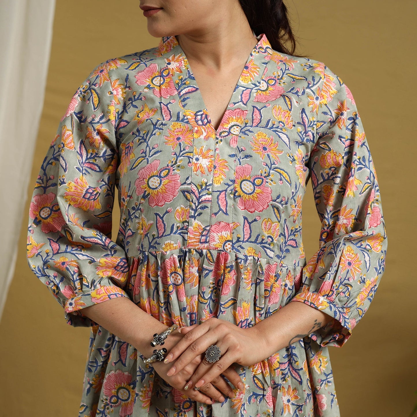 Grey Block Print Cotton Tiered Sanganeri Dress