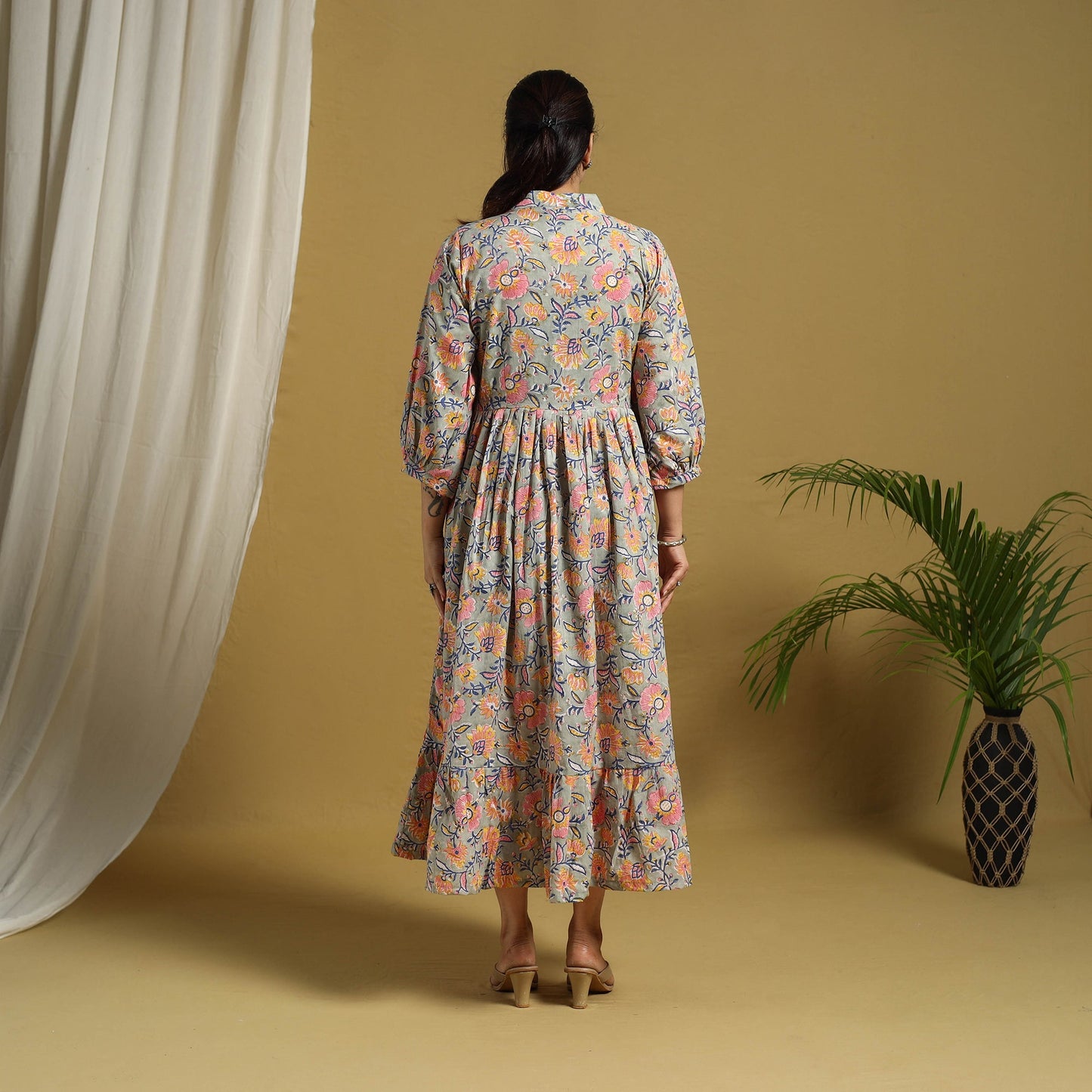 Grey Block Print Cotton Tiered Sanganeri Dress