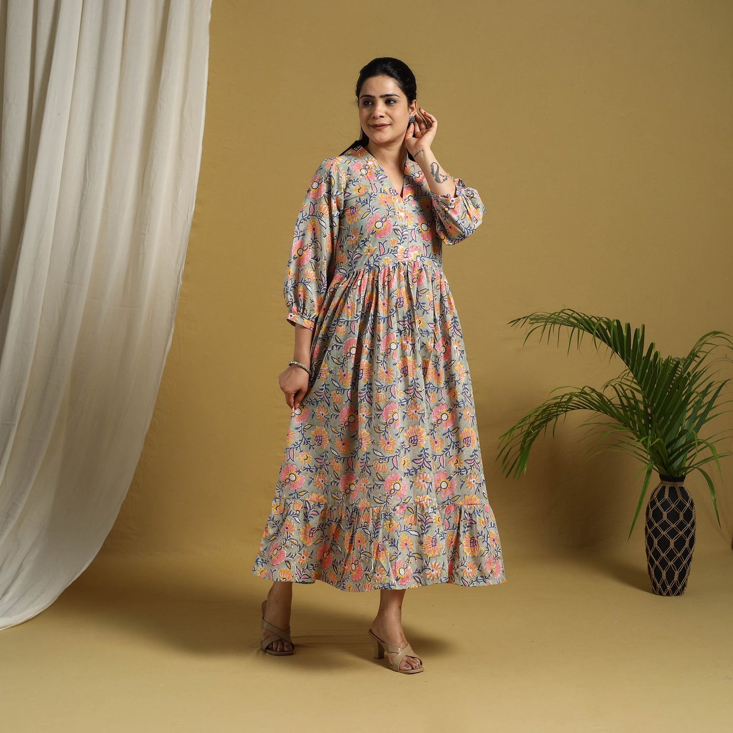 Grey Block Print Cotton Tiered Sanganeri Dress