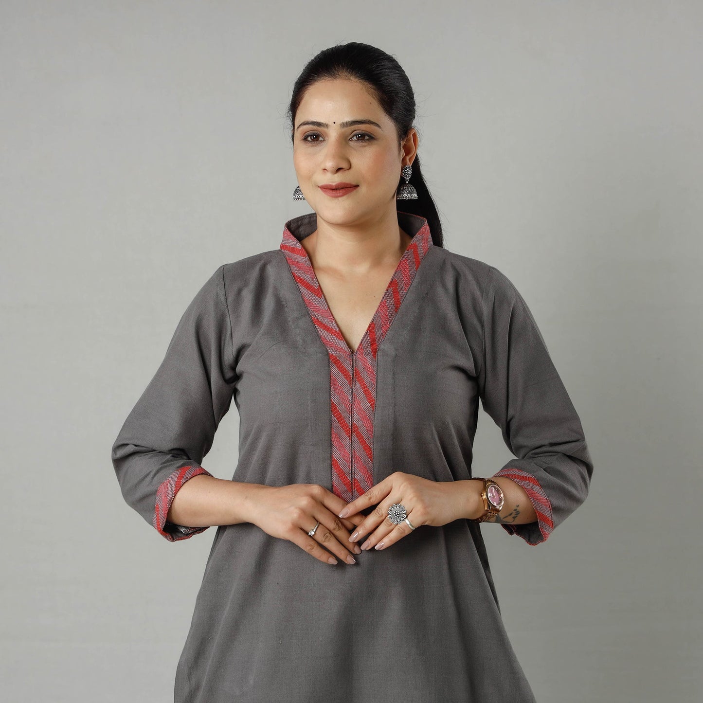 Grey - Dark Gray Plain Jhiri Handloom Cotton Long Kurta