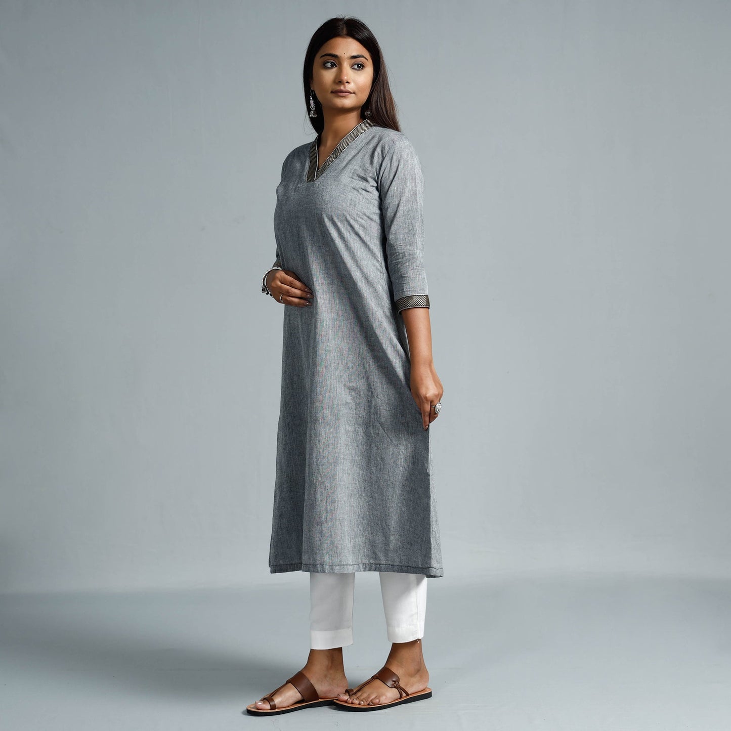 Grey - Dharwad Cotton A-Line Long Kurta