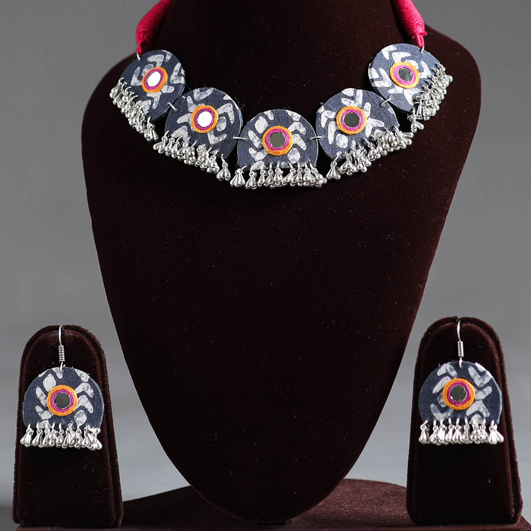 Grey - fabart german silver mirror work choker necklace set