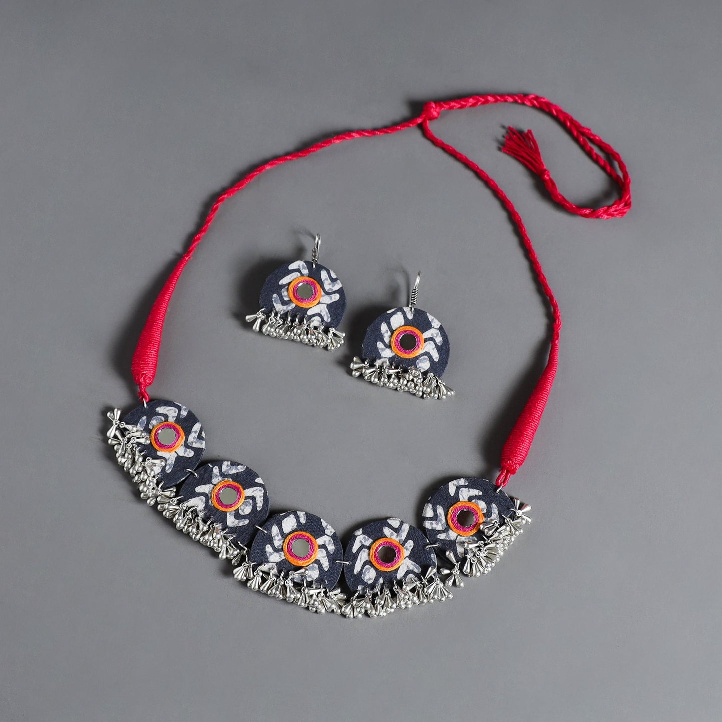 Grey - fabart german silver mirror work choker necklace set