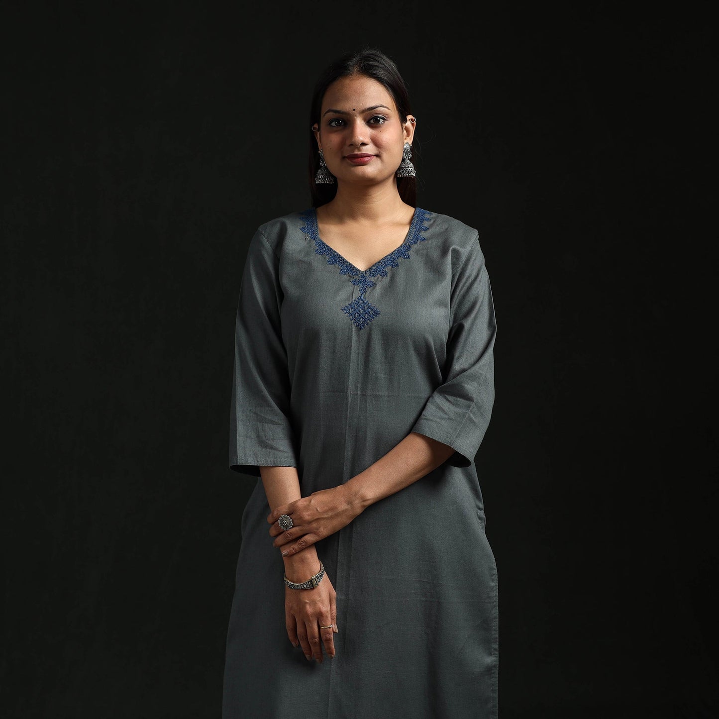 Flex cotton plain hand embroidered straight kurta for women