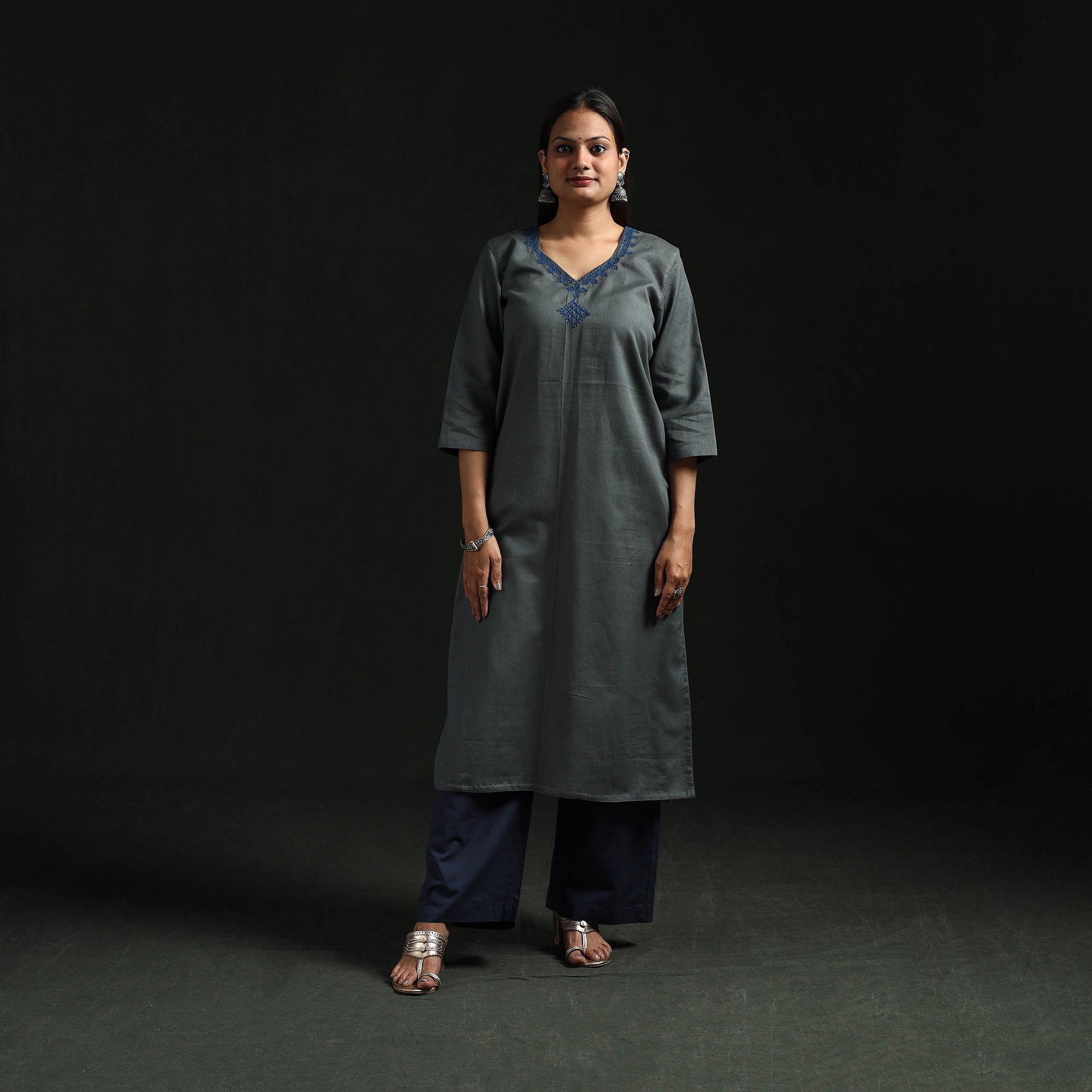 Grey - Flex Cotton Plain Hand Embroidered Straight Long Kurta for women 02